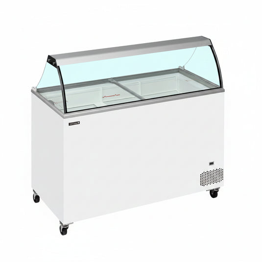 White icecream display freezer with glass top on a white background