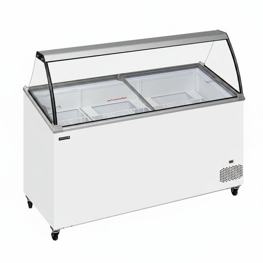 White icecream display freezer with glass front on a white background