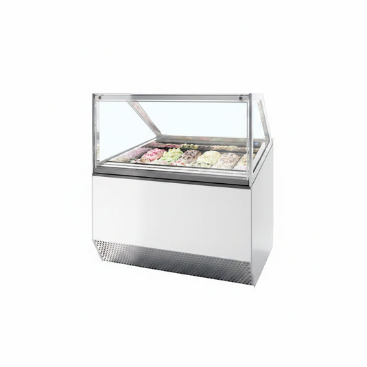 Ice cream display case with various flavors on a white background