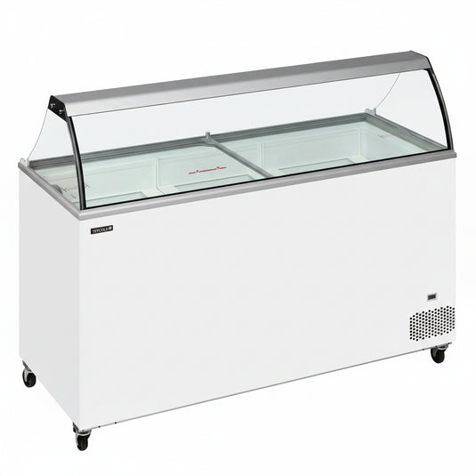 A white commercial chest freezer with a curved glass display lid, shown on a plain white background.