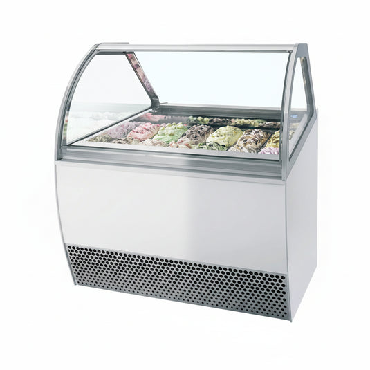 Ice cream display case with a curved glass front on a white background