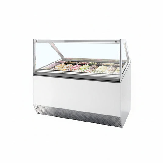 Small size Cold icecream display with icecream pans,commercial refrigeration. Kamil catering ltd on a white background