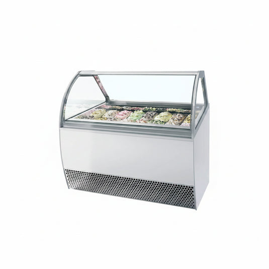 A commercial ice cream display case with a curved glass dome, filled with various colorful ice cream flavors. The unit has a white front panel with a silver metal mesh vent grille at the bottom and a stainless steel frame around the glass.