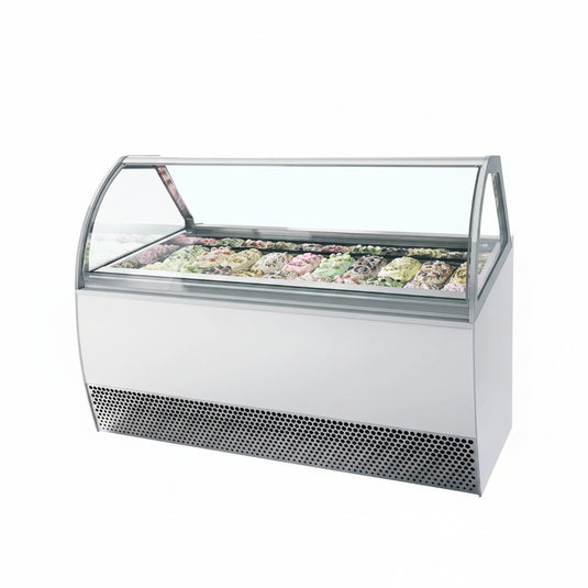 Cold display case with a curved glass front on a white background