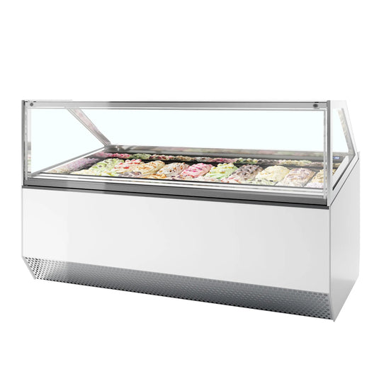 Cold icecream display with icecream pans for commercial use refrigeration. Kamil catering ltd on a white background
