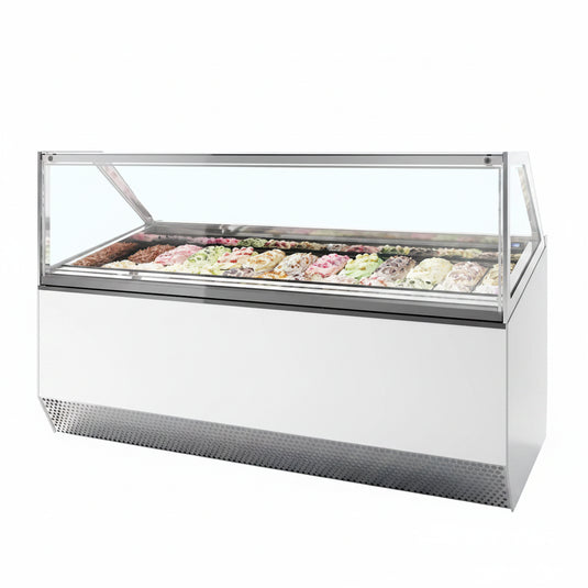 Cold icecream display with icecream pans for commercial use refrigeration. Kamil catering ltd on a white background