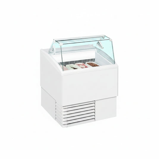 White small size icecream display freezer case with glass top containing ice cream on a white background