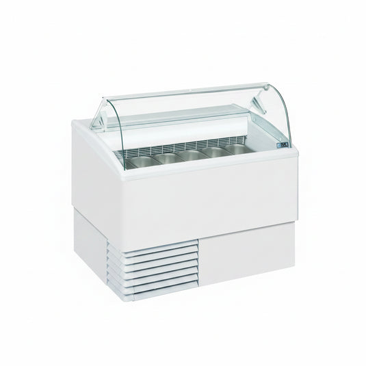 White icecream display case with glass top on a white background