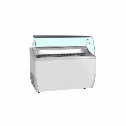 White display case with glass top on a white background
