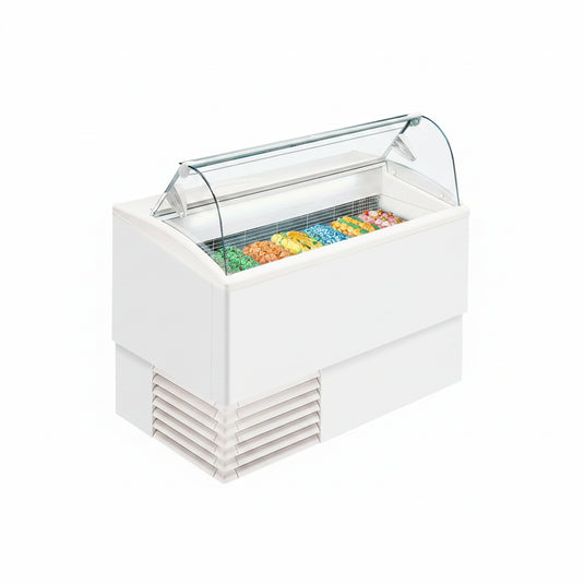 White display icecream fridge case with a glass top containing colorful icecream on a white background