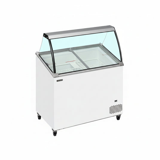 White icecream display freezer with glass front on a white background