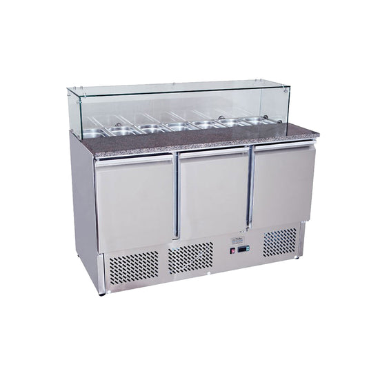 Commercial refrigeration unit with glass top on a white background