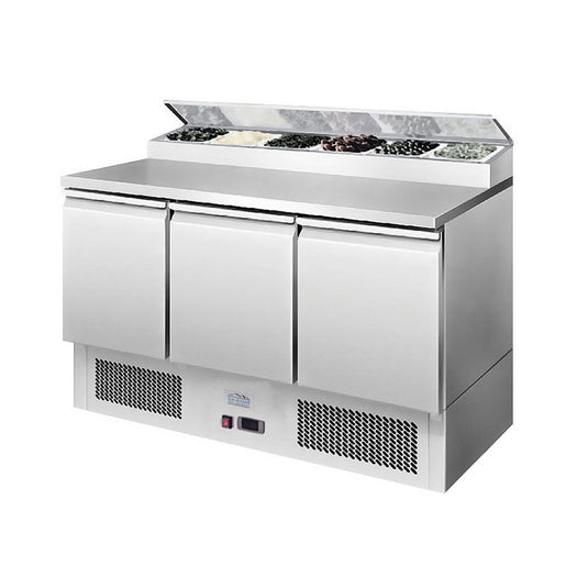 Stainless steel prep table with refrigeration system on a white background
