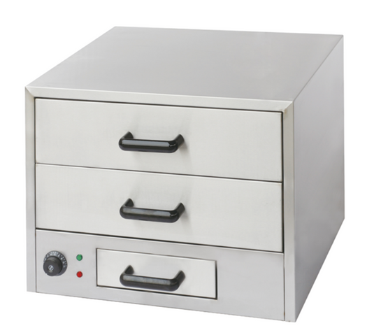 Two Draws Warming Cabinet/Bun Warmer/ Chicken Warmer having three handles on front with round dial button on bottom side and along with that two indication light's green and red.photographed on white background.