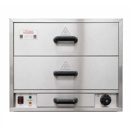 A stainless steel commercial double-drawer oven or toaster-style appliance with black handles, a front control panel with red, green, and orange indication light's, and a dial on the lower right, photographed on a white background.