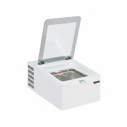 A white countertop double-tray icecream fridge,freezer with its lid open, showing a stainless steel tray inside. The brand name 'LIFELAB' is visible on the front right side.