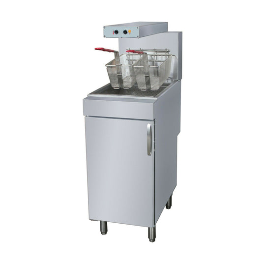 Free Standing Heavy Duty Slim-Line Chip Scuttle with handle on door. and on the top two round controller button's and basket hanging rod's.Photographed on plain white background.