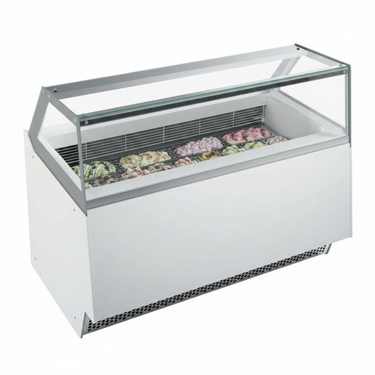 A white commercial ice cream display case with a glass sliding lid, showing rows of colorful frozen dessert containers inside, isolated on a white background.