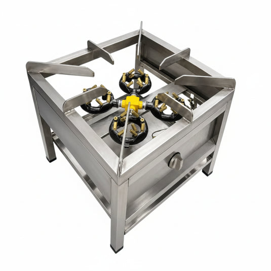 A stainless steel 4-burner gas stove with a control knob on the front panel, isolated on a white background.