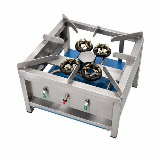 A commercial multi-burner gas stove top made of stainless steel, featuring six burner heads arranged in two rows of three on a blue base, with three control knobs on the front panel.