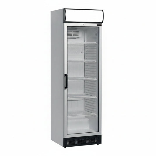 Tefcold Commercial Single Door Glass Door Merchandiser with Illuminated Canopy 347L | LED Branding Display Fridge