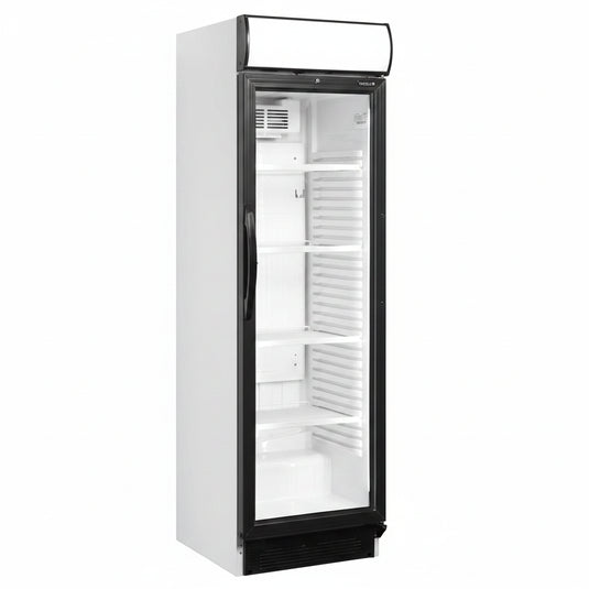 Tefcold Commercial Single Door Glass Door Merchandiser with Canopy 345L | Illuminated Bottle Cooler