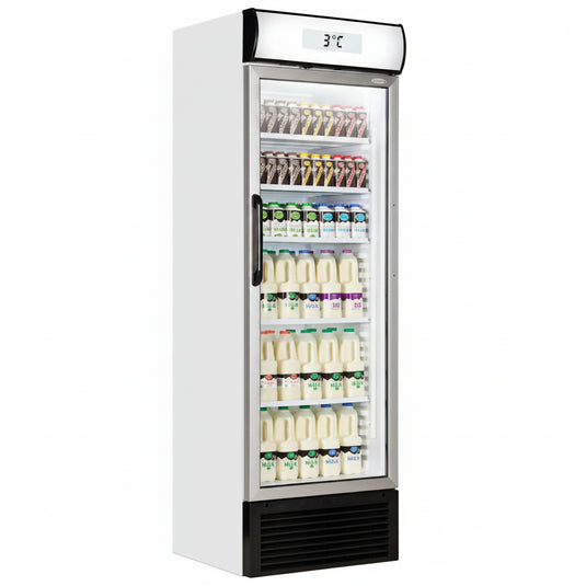 Tefcold Commercial Single Door Glass Door Merchandiser with Illuminated Canopy 374L | Large Format Bottle Cooler