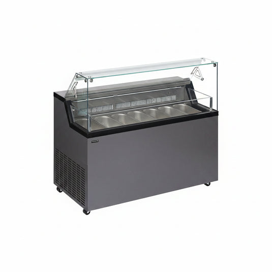 Commercial food display case with glass top on a white background