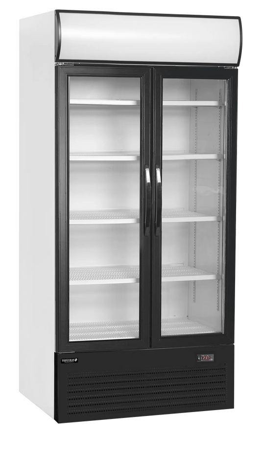 Tefcold Commercial 2 Door Glass Door Merchandiser (2-Door Hinged) 524L | Wide Hinged Door Display Fridge