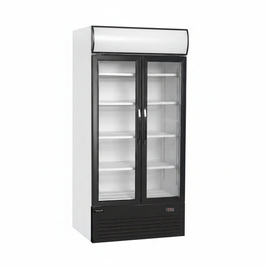 Tefcold Commercial 2 Door Glass Door Merchandiser (2-Door Hinged) 524L | Wide Hinged Door Display Fridge