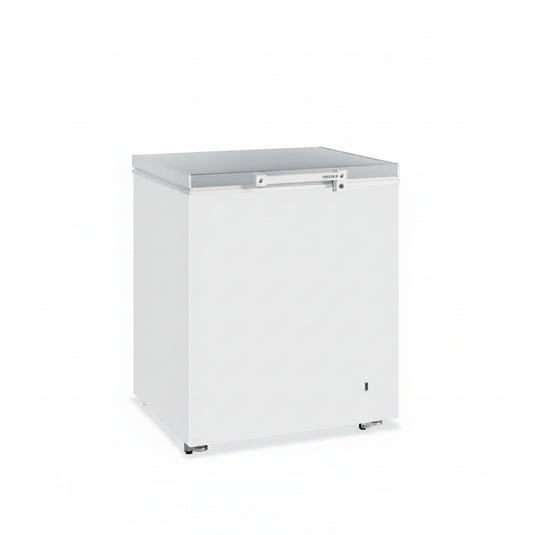 A white chest freezer with a silver metal top and handle, shown from a three-quarter angle on a plain white background.
