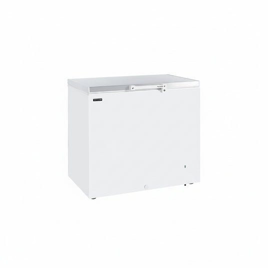 A white chest freezer with a silver metal top trim and small black brand labels, shown on a plain white background.