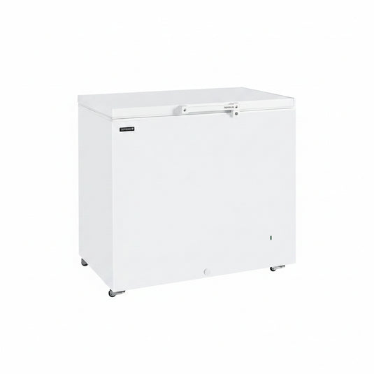 A white chest freezer with a top-loading door, shown from a three-quarter angle against a plain white background.