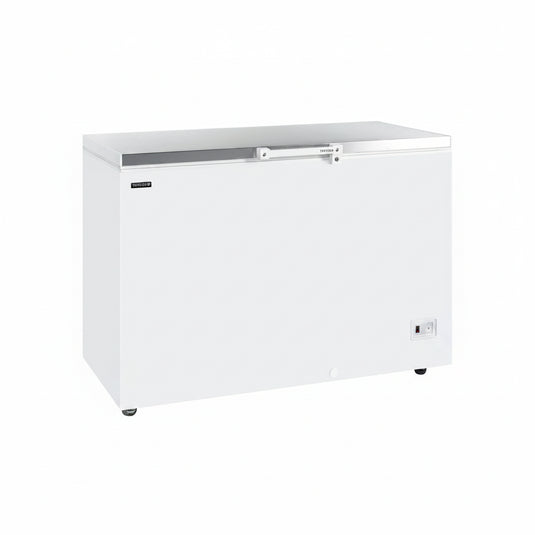 A white chest freezer with a silver metal top and handle, shown from a three-quarter angle on a plain white background.