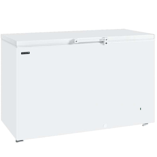 A white chest freezer with a top-hinged lid, shown from a three-quarter angle on a plain white background.