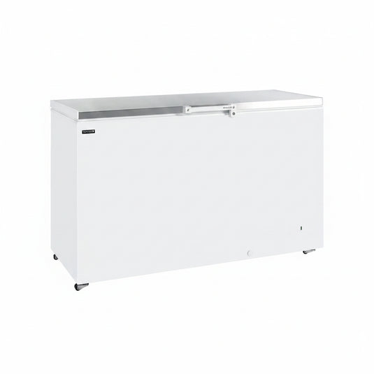 A white chest freezer with a stainless steel top and a silver handle, shown from a three-quarter angle on a white background.