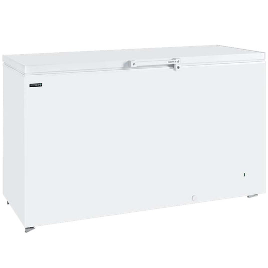 A white chest freezer with a top-hinged lid and a small black brand label on the upper left side, shown against a plain white background.