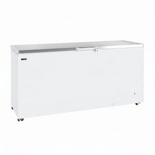 A white chest freezer with a stainless steel top and a white handle, shown from a three-quarter angle on a white background.