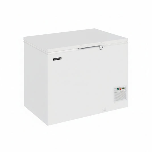 A white chest freezer with a top-loading door, shown at a three-quarter angle on a plain white background.