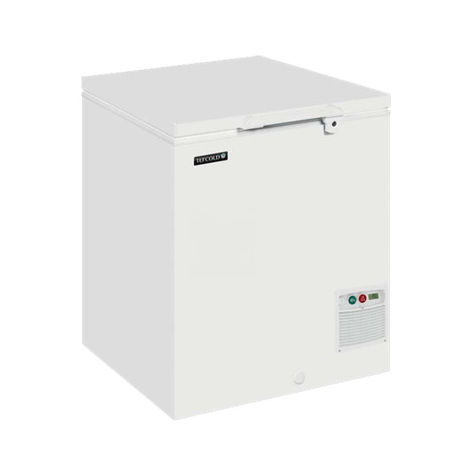 A white top-freezer chest freezer with a small black brand label on the upper left and a control panel on the lower right front, shown on a plain white background.