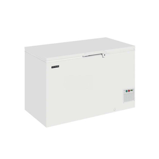 A white chest freezer with a top-hinged lid, shown at a three-quarter angle on a plain white background.