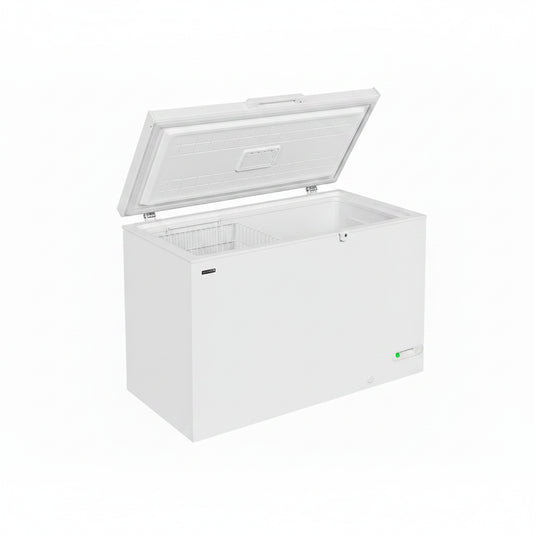 A white chest freezer with a top-hinged lid, shown at a three-quarter angle on a plain white background.
