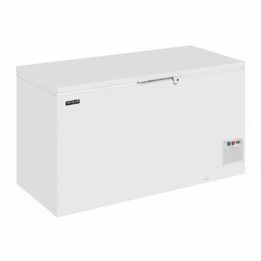 A white chest freezer with a top-hinged lid, shown at a three-quarter angle on a plain white background. A small black 'Frigida' brand label is visible on the left side of the door.