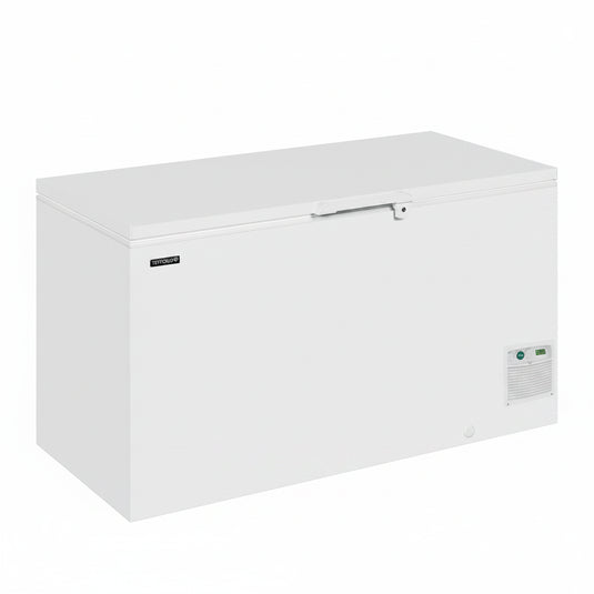 A white chest freezer with a top-hinged lid, shown at a three-quarter angle on a plain white background.