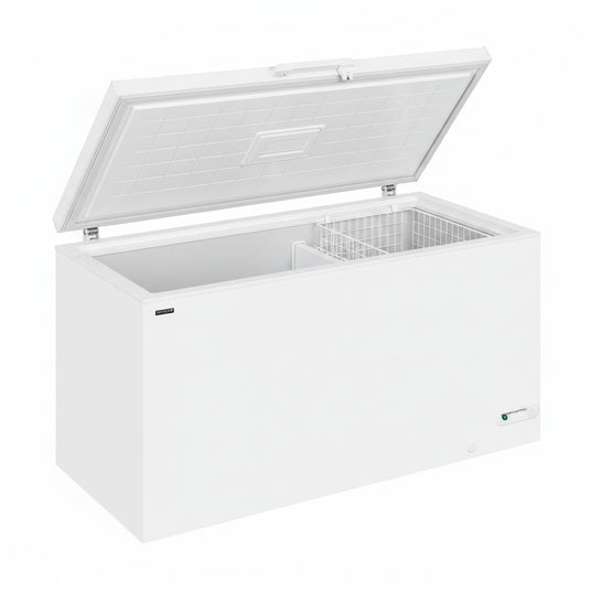 A white chest freezer with a top-hinged lid, shown at a three-quarter angle on a solid white background.