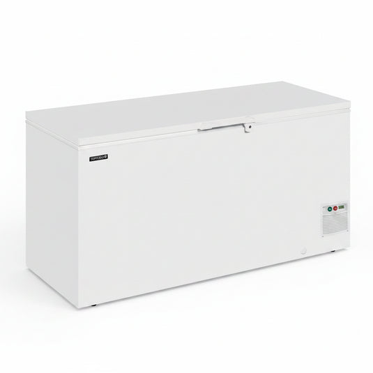 A white chest freezer with a top-hinged lid, shown at a three-quarter angle on a plain white background.