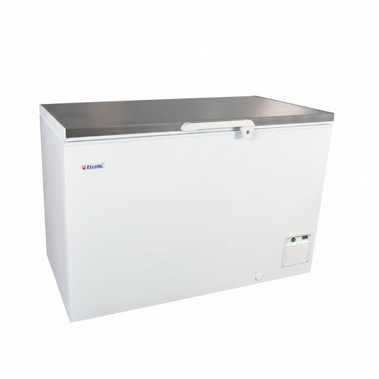 A white chest freezer with a stainless steel top and a small blue and red Eustack logo on the left side, shown on a plain white background.