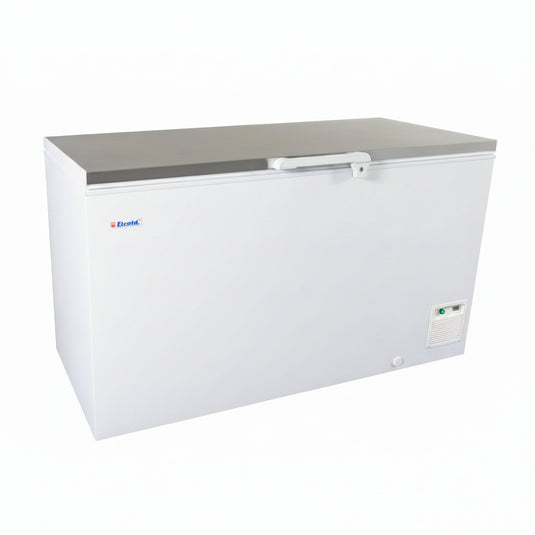 A white Electrolux chest freezer with a silver-gray top lid and a white handle, shown at a three-quarter angle on a white background.