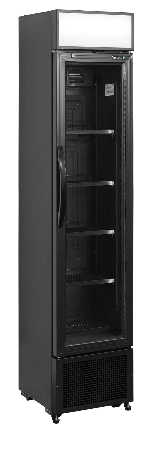 Tefcold Commercial Single Door Slimline Glass Door Bottle Cooler 116L | LED Illuminated Merchandiser Fridge