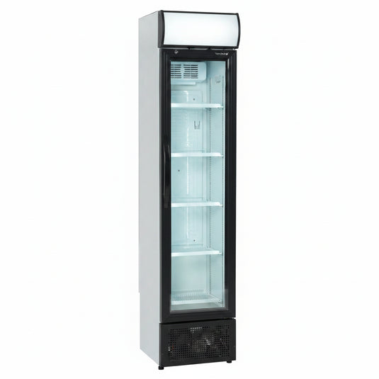 Tefcold Commercial Single Door Slimline Glass Door Bottle Cooler 116L | LED Illuminated Merchandiser Fridge
